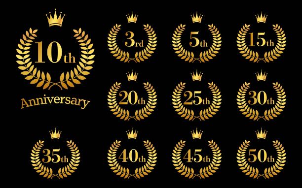 周年插图桂冠，皇冠和丝带标志图标集图片下载