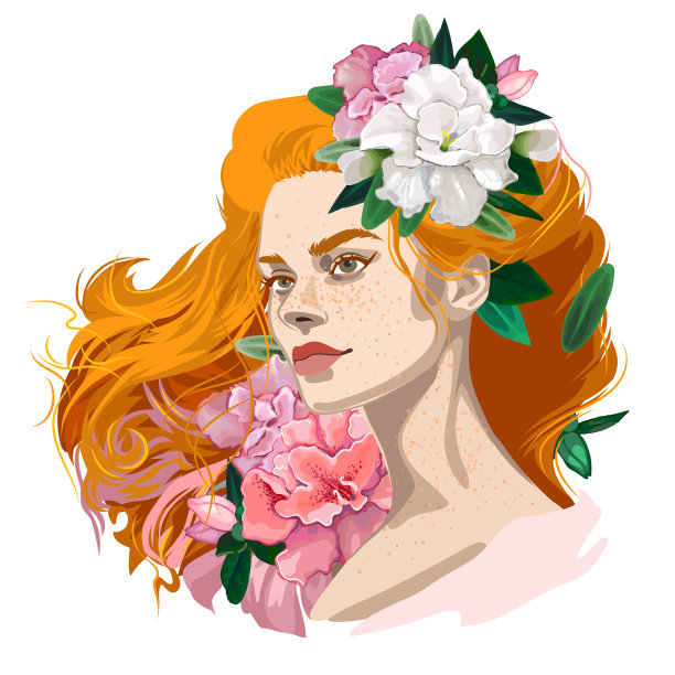 有雀斑的女孩，红色蓬松的头发上装饰着鲜花。图片下载
