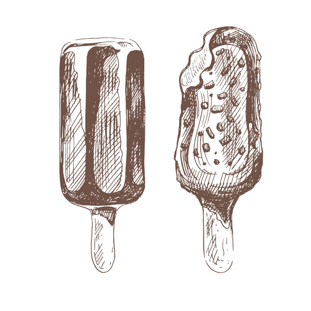 一幅手绘的冰淇淋草图，巧克力棒上的冰棒。的插图。用于标签、包装和明信片设计的元素。图片下载