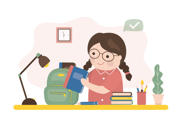 聪明女孩小学生收集背包。小学生把学习用品放在背包里。回家工作。可爱的白人女孩。图片下载