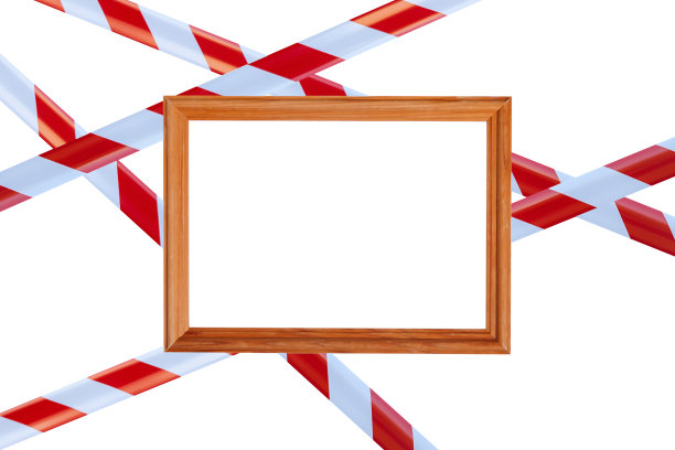 交叉红白线屏障交叉胶带与木制框架的广告文字在白色隔离背景，插图。不安全区域警戒线，请勿进入。概念没有入口，就没有人。本空间图片下载