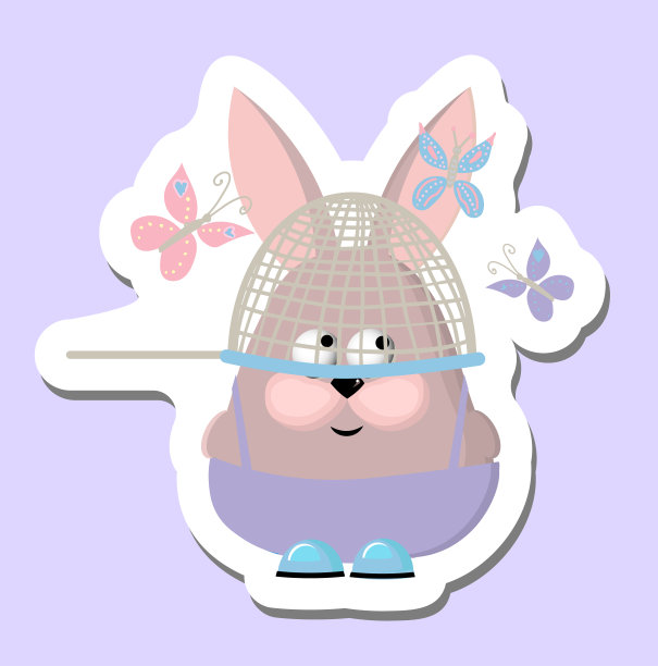 兔子和蝴蝶。可爱的兔子贴纸。一只兔子的矢量插图。捉蝴蝶。网图片下载