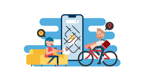 女性客户通过手机应用查看位置，快递员骑自行车图片下载