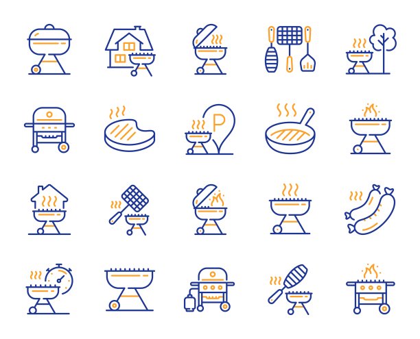 烧烤线图标。肉类或三文鱼排，烧烤烟枪和火炊具。向量图片下载