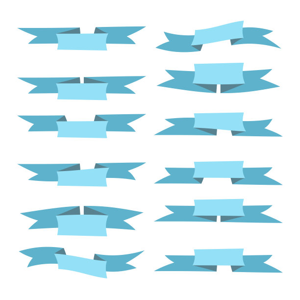 一套蓝色的平面缎带孤立的白色背景。丝带横幅矢量插图。水彩花边图片下载