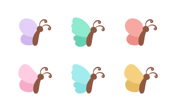 简单的蝴蝶图标侧面视图插图集孤立的白色背景。漂亮的矢量蝴蝶与春季和夏季调色板的孩子。图片下载