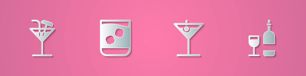 集剪纸鸡尾酒，威士忌酒杯，马提尼酒杯和酒瓶与图标。纸艺术风格。向量图片下载
