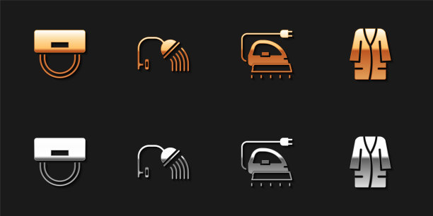 设置行李员帽子，淋浴头，电熨斗和浴袍图标。向量图片下载