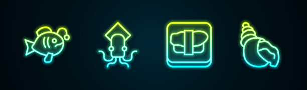 将热带鱼，章鱼，寿司放在砧板上，扇贝海贝壳。发光的霓虹灯图标。向量图片下载