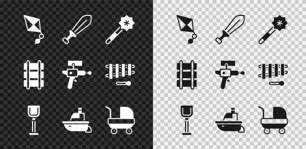 集风筝，剑玩具，魔杖，铲子，玩具船，婴儿车，铁路和射线枪图标。向量图片下载