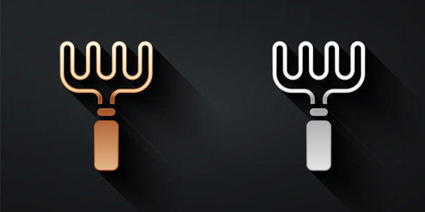 金色和银色花园耙图标孤立在黑色背景上。园艺、农业、农用工具。地面中耕机。客房服务设备。长阴影风格。向量图片下载