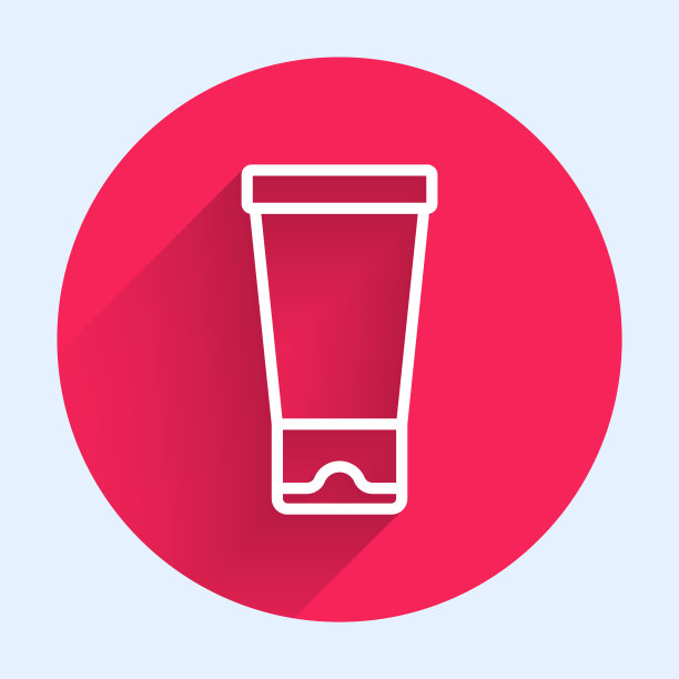 白色线条乳霜或乳液化妆品管图标孤立的长阴影。女性身体护理产品。红色圆圈按钮。向量图片下载