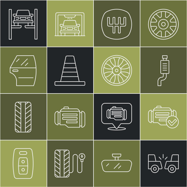 设置线汽车事故，检查发动机，消声器，换挡，交通锥，门，修理汽车升降机和合金车轮为图标。向量图片下载
