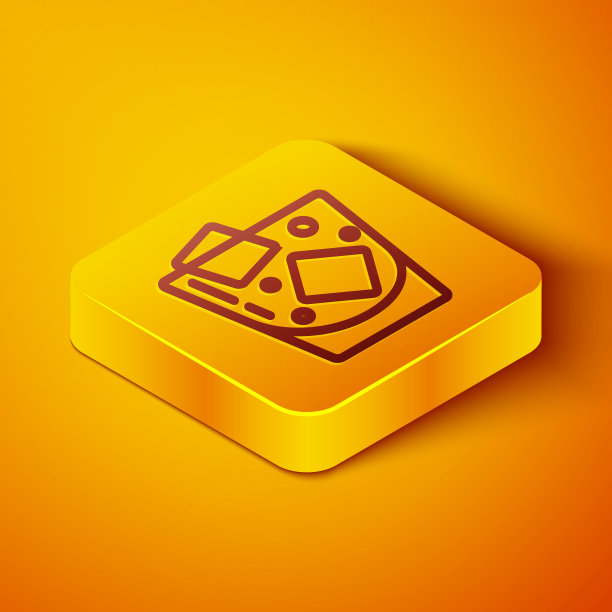 一杯威士忌和冰块的图标孤立在橙色背景上。黄色方形按钮。向量图片下载