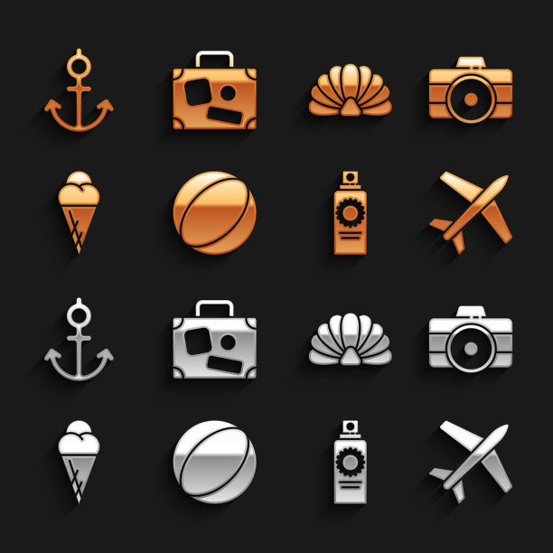 集沙滩球，相机，飞机，防晒喷雾瓶，冰淇淋在华夫蛋筒，扇贝海贝壳，锚和手提箱图标。向量图片下载