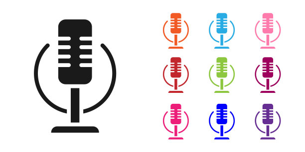 黑色麦克风图标隔离在白色背景上。在空中无线电麦克风。演讲者的迹象。设置彩色图标。向量图片下载