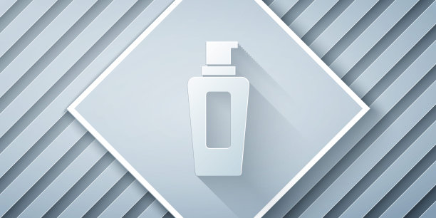 剪纸瓶洗发水图标孤立在灰色背景。纸艺术风格。向量图片下载