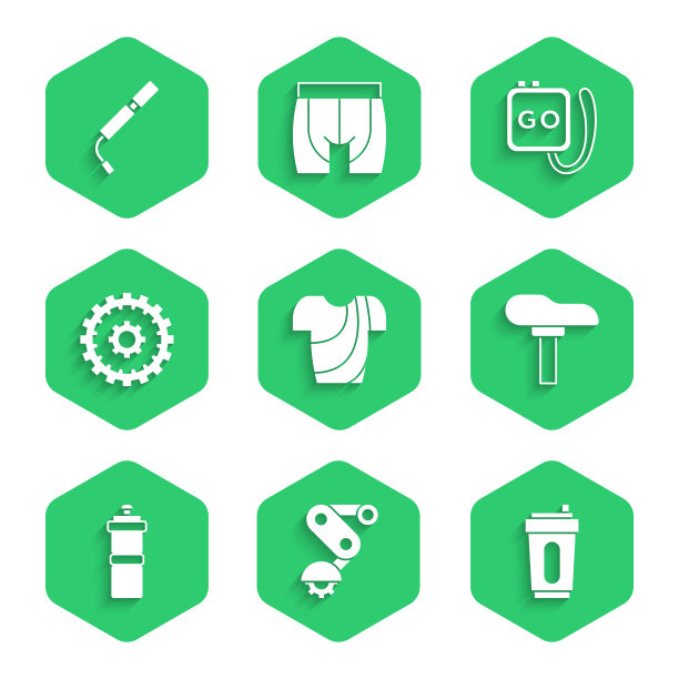 设置骑行t恤，变速器自行车后，运动瓶与水，自行车座位，卡带，秒表和气泵图标。向量图片下载