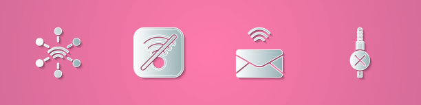 设置剪纸网络，无Wi-Fi无线互联网，邮件和电子邮件和音频插孔图标。纸艺术风格。向量图片下载