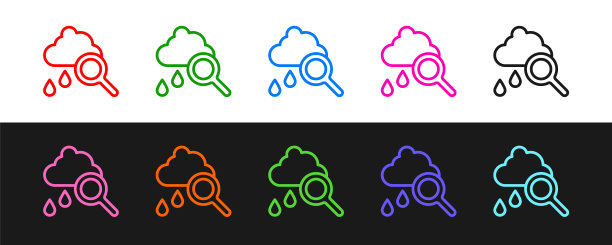 设置线云与雨图标隔离在黑白背景上。雨云以雨滴降水。向量图片下载