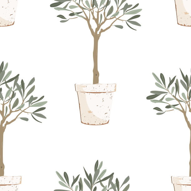 漂亮的小橄榄树盆栽无缝图案。矢量插图。地中海的背景。图片下载