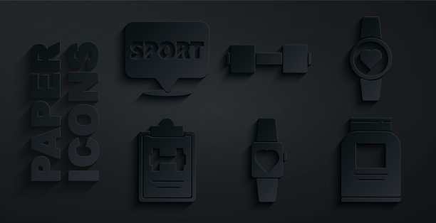 设置智能手表，运动训练计划，运动营养，哑铃和位置健身房图标。向量图片下载