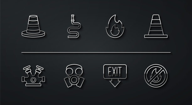 设置线路交通锥，消火栓，出口，防毒面具，软管卷，无火和火焰图标。向量图片下载