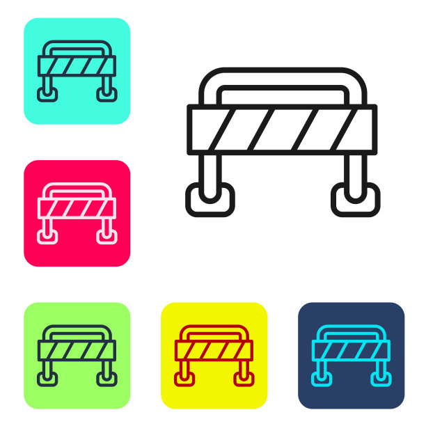 黑线道路屏障图标隔离在白色背景上。在施工过程中限制区域的标志。修复工作。设置图标为彩色方框按钮。向量图片下载