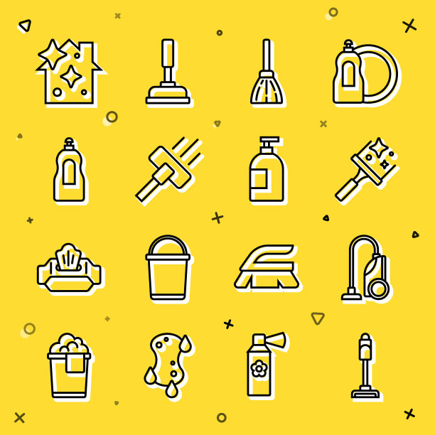 真空吸尘器，玻璃胶，扫帚柄，洗洁精瓶，家庭清洁服务和图标。向量图片下载