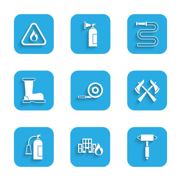 设置消防软管卷轴，在燃烧的建筑物，消防斧，灭火器，靴子，和火焰三角形图标。向量图片下载