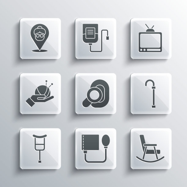 设置血压，摇椅，手杖手杖，助听器，拐杖或拐杖，纱线球与针织针，养老院和复古电视图标。向量图片下载