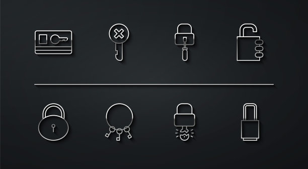 设置行钥匙卡，锁，安全密码锁，挂锁破裂，串钥匙，错误，和pick for pick图标。向量图片下载