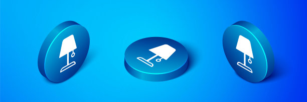 等距台灯图标隔离在蓝色背景上。夜灯。蓝色圆圈按钮。向量图片下载