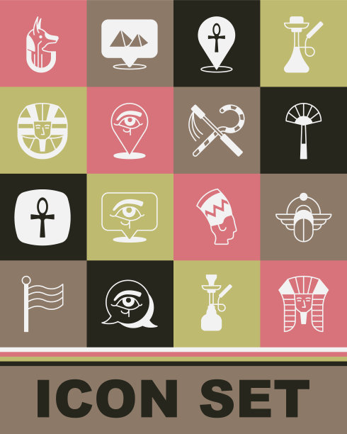 集埃及法老，圣甲虫，扇子，十字十字，荷鲁斯之眼，阿努比斯和克鲁克和连枷图标。向量图片下载