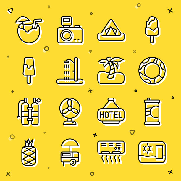 套装行旅游明信片，汽水罐，橡胶游泳圈，旅游帐篷，海滩淋浴，冰淇淋，椰子鸡尾酒和热带棕榈树图标。向量图片下载