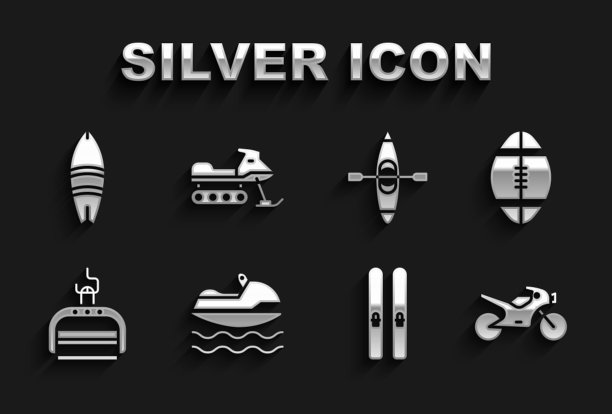 设置水上摩托艇，橄榄球，摩托车，滑雪和棍棒，升降机，皮划艇独木舟，冲浪板和雪地摩托图标。向量图片下载