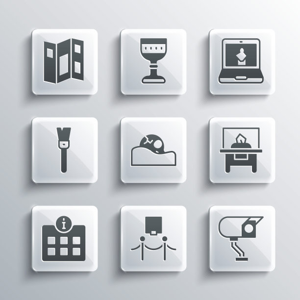 设置图片和绳索屏障，安全摄像头，玻璃陈列柜，人类头骨，信息，油漆刷，博物馆指南手册和在线博物馆图标。向量图片下载