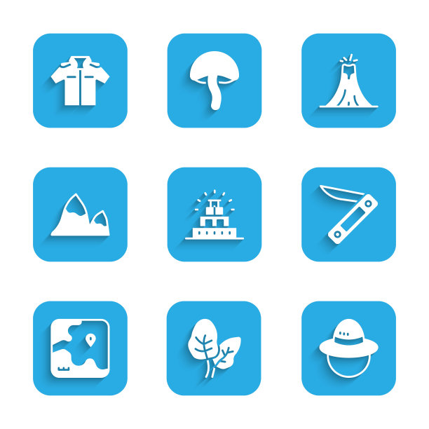 集奇琴伊察在玛雅，热带树叶，露营帽，瑞士军刀，非洲狩猎地图，山脉，火山爆发和衬衫图标。向量图片下载