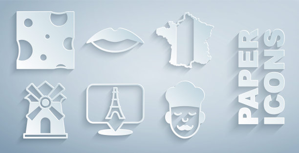 设置埃菲尔铁塔，法国地图，风车，厨师，微笑的嘴唇和奶酪图标。向量图片下载