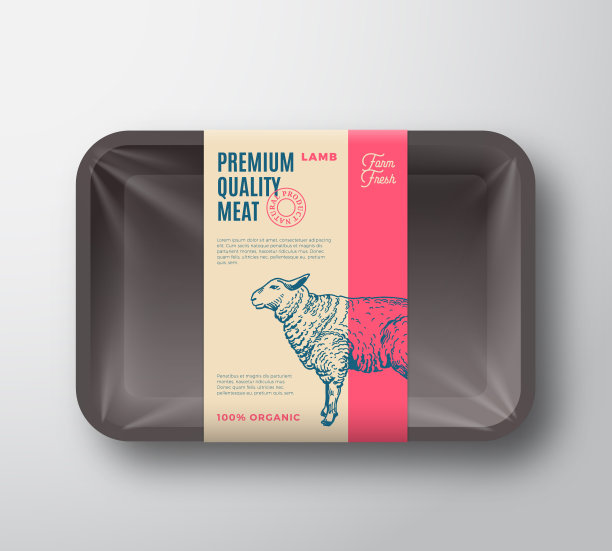 优质羔羊包。矢量肉塑料托盘容器与玻璃纸盖。包装设计标签。现代排版和手绘绵羊剪影背景布局。图片下载