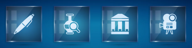 设定笔，古代双耳罐，博物馆建筑和复古电影相机。方形玻璃面板。向量图片下载