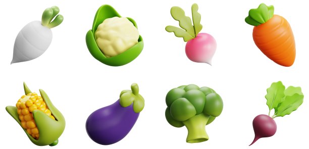 3D蔬菜集西兰花胡萝卜萝卜茄子甜菜根玉米花椰菜维生素农业农业园艺健康食品UX UI图标网页设计元素集3D渲染插图图片下载