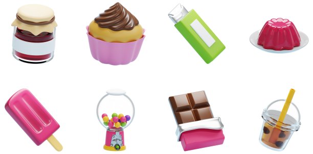 3D甜食套装果冻杯形蛋糕浆果果酱口香糖波巴糖果机棒棒糖糖果甜点用户体验用户界面网页设计元素3D渲染插图图片下载