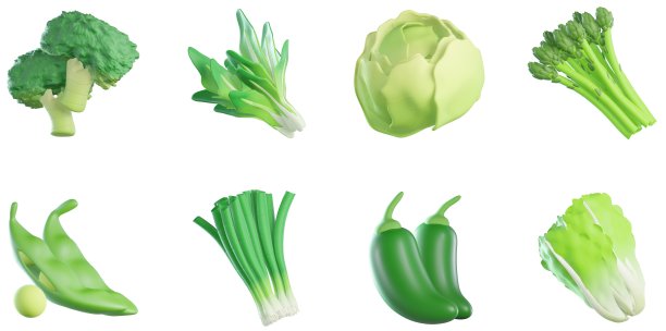 3D绿色蔬菜集生菜卷心菜菠菜西兰花芦笋豌豆葱花维生素农业农业园艺健康食品UX UI图标网页设计元素集3D渲染插图图片下载