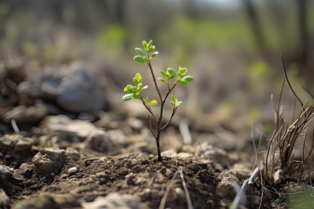 在阳光明媚的早晨，在森林里，植物种子从泥土中生长，环境概念图片下载