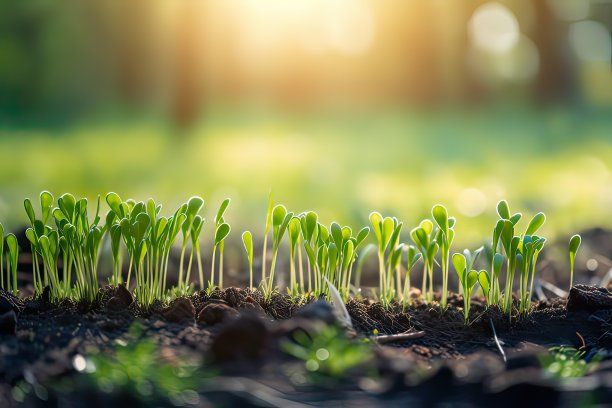 在阳光明媚的早晨，在森林里，植物种子从泥土中生长，环境概念图片下载
