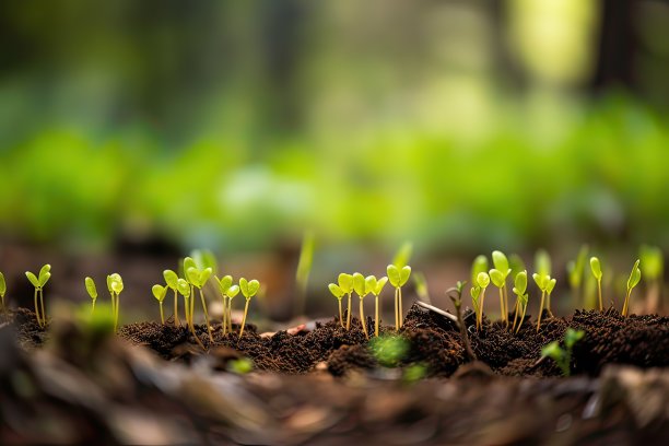 在阳光明媚的早晨，在森林里，植物种子从泥土中生长，环境概念图片下载