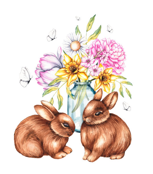 白色背景的水彩画兔子，花瓶里插着一束花图片下载
