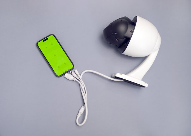 监控IP无线摄像头，彩色键智能手机绿色屏幕灰色背景。智能家居安全设备，在线远程应用监控。住宅建筑保护。水平图片下载