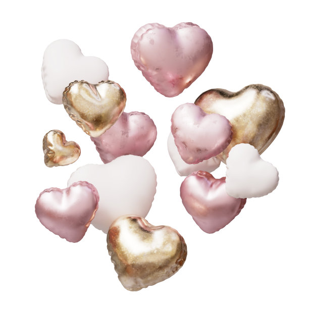 粉红色，白色和金色的心浮动图形，三维渲染气球，婚礼和婴儿淋浴图像图片下载